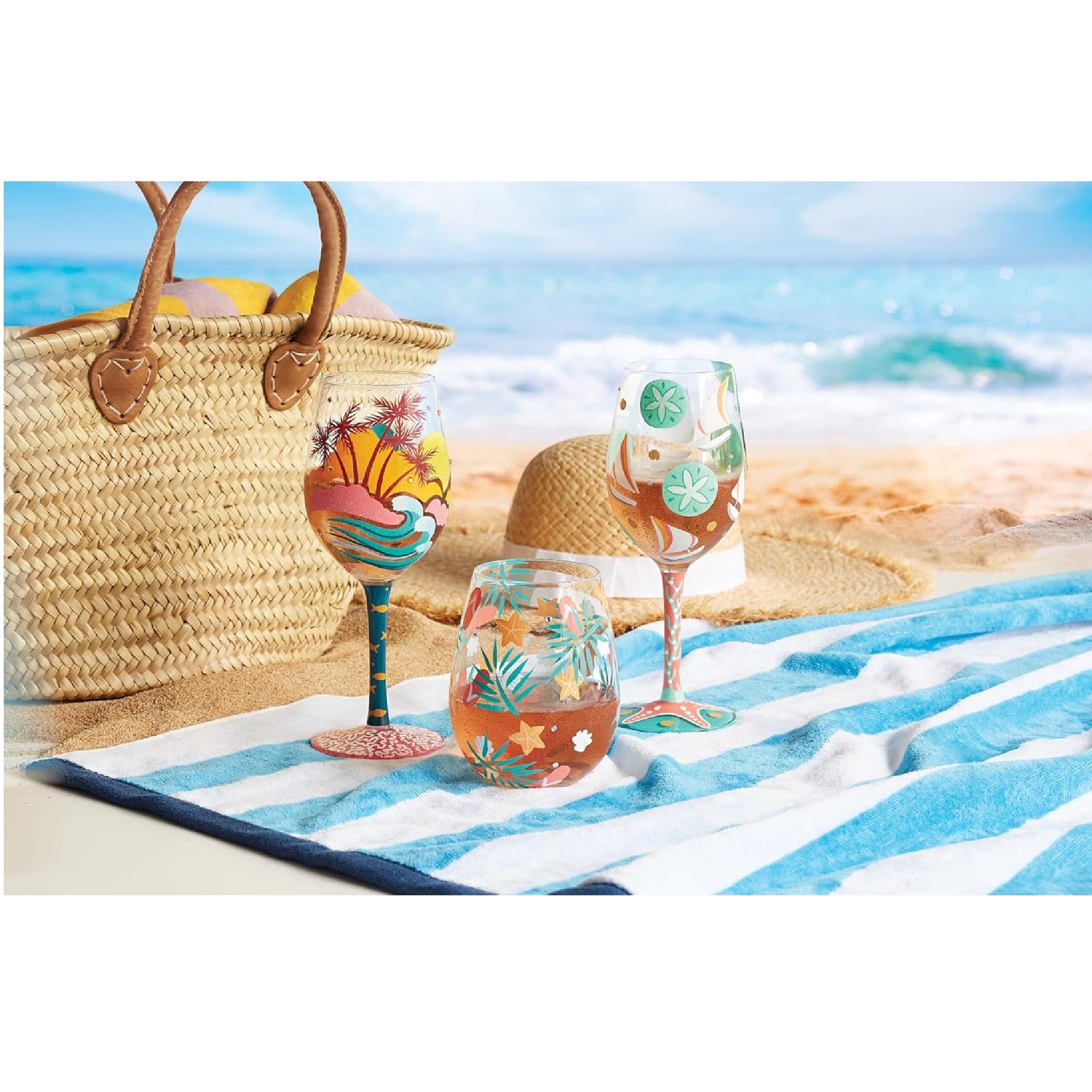 Enesco Lolita Designs Beachful Bliss Hand-Painted Artisan Stemless Wine Glass, 20 Ounce