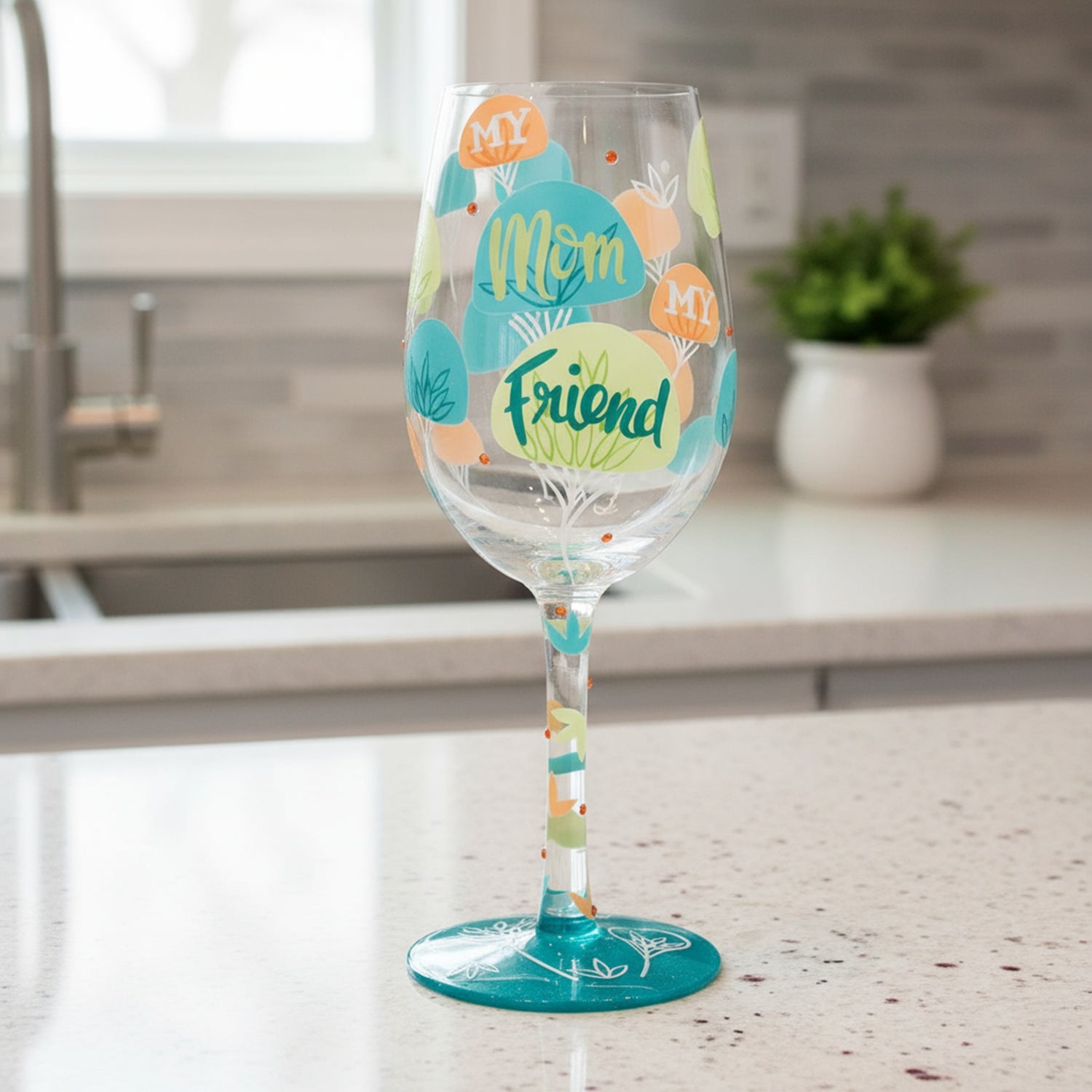 Enesco Lolita Designs Mom My Friend Hand-Painted Artisan Wine Glass, 15 Ounce