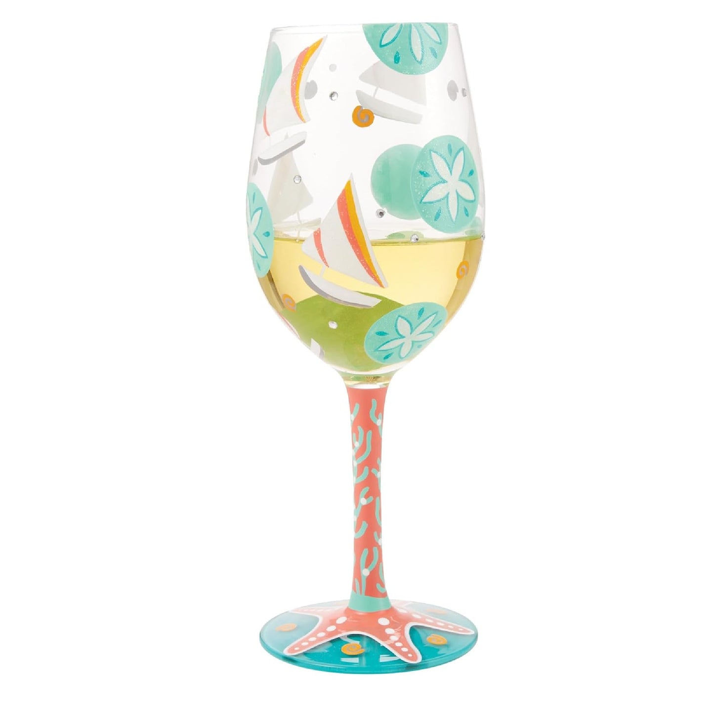 Enesco Lolita Designs Sailboats and Sand Dollars Hand-Painted Artisan Wine Glass, 15 Ounce