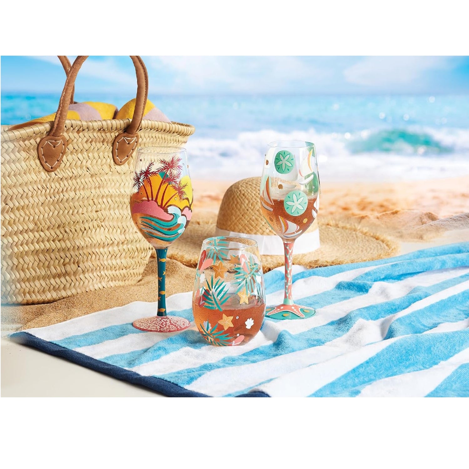 Enesco Lolita Designs Sailboats and Sand Dollars Hand-Painted Artisan Wine Glass, 15 Ounce