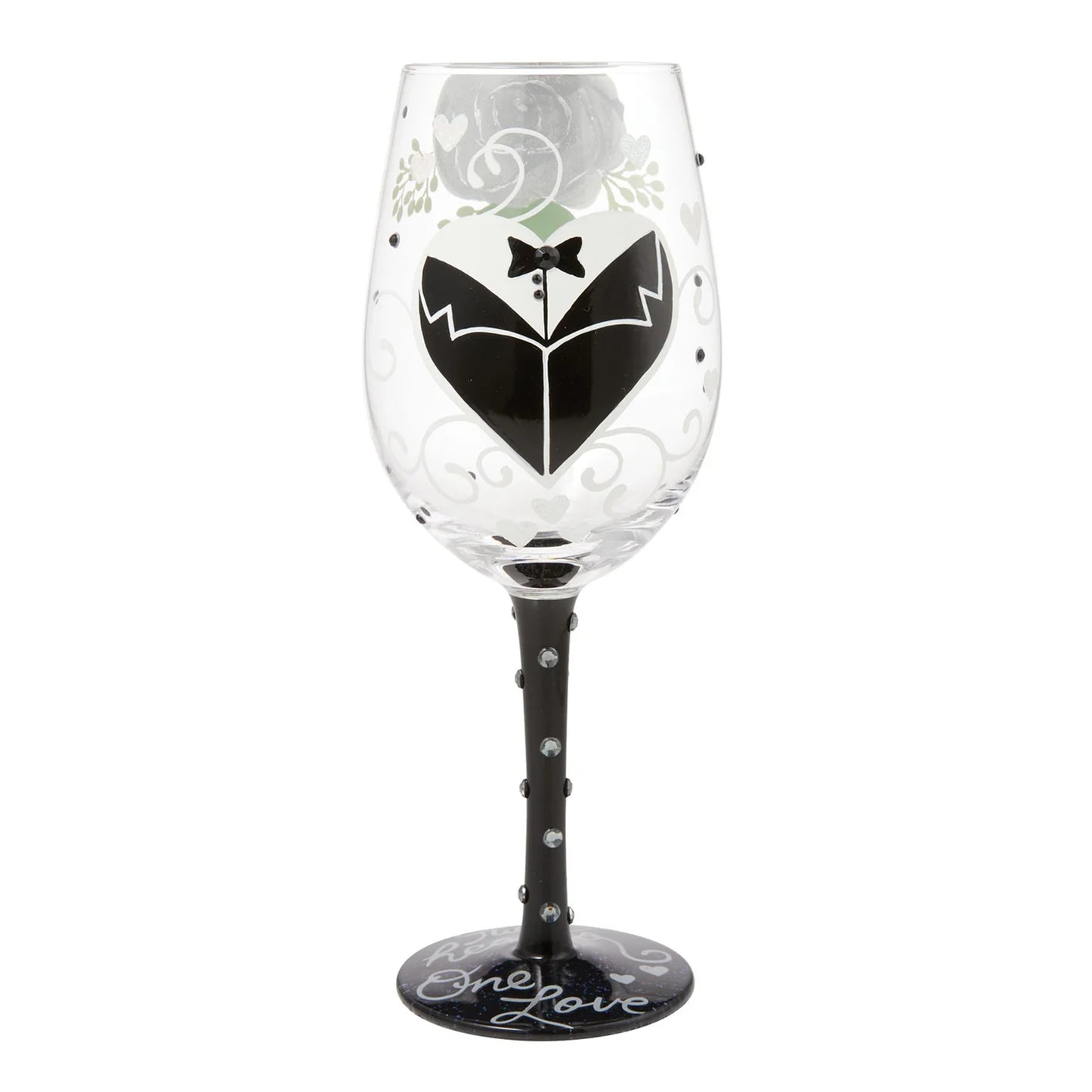Enesco Lolita Designs Wedding Groom Two Hearts One Love Hand-Painted Artisan Wine Glass, 15 Ounce