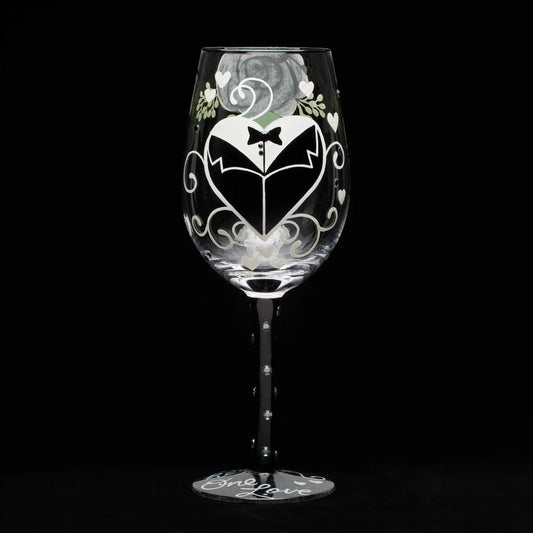 Enesco Lolita Designs Wedding Groom Two Hearts One Love Hand-Painted Artisan Wine Glass, 15 Ounce