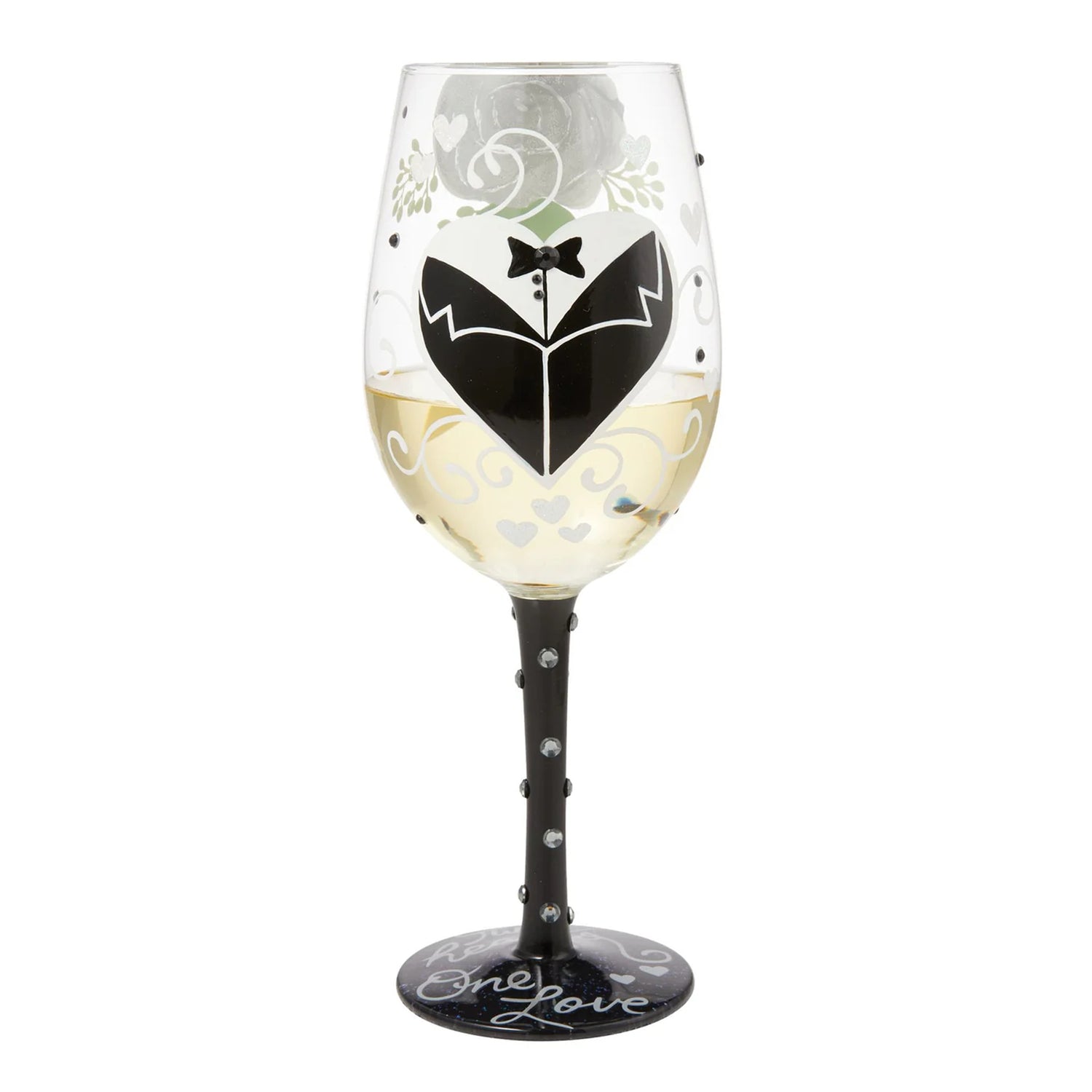 Enesco Lolita Designs Wedding Groom Two Hearts One Love Hand-Painted Artisan Wine Glass, 15 Ounce