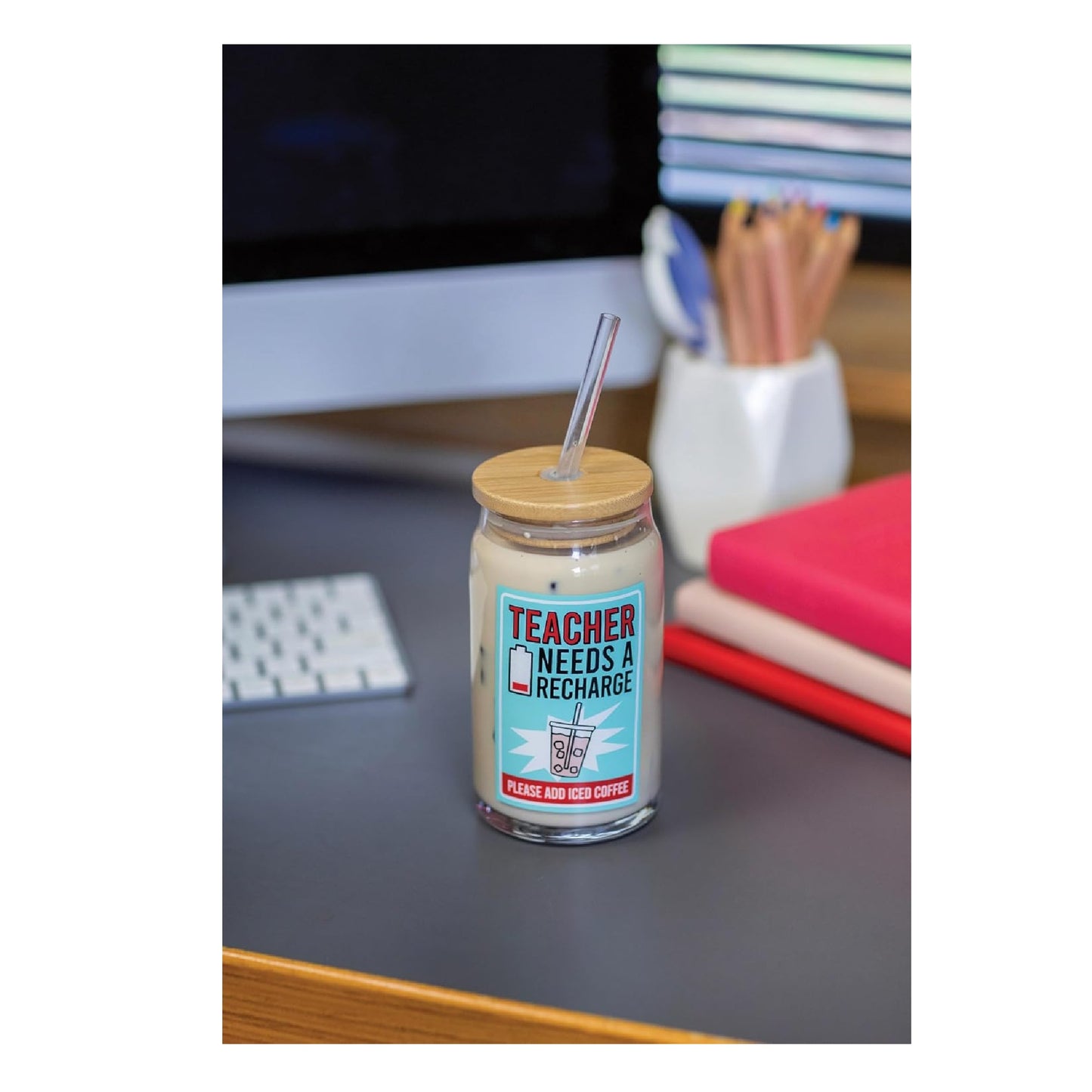 Enesco Our Name is Mud Teacher Needs a Recharge Iced Coffee Latte Glass, 16 Ounce