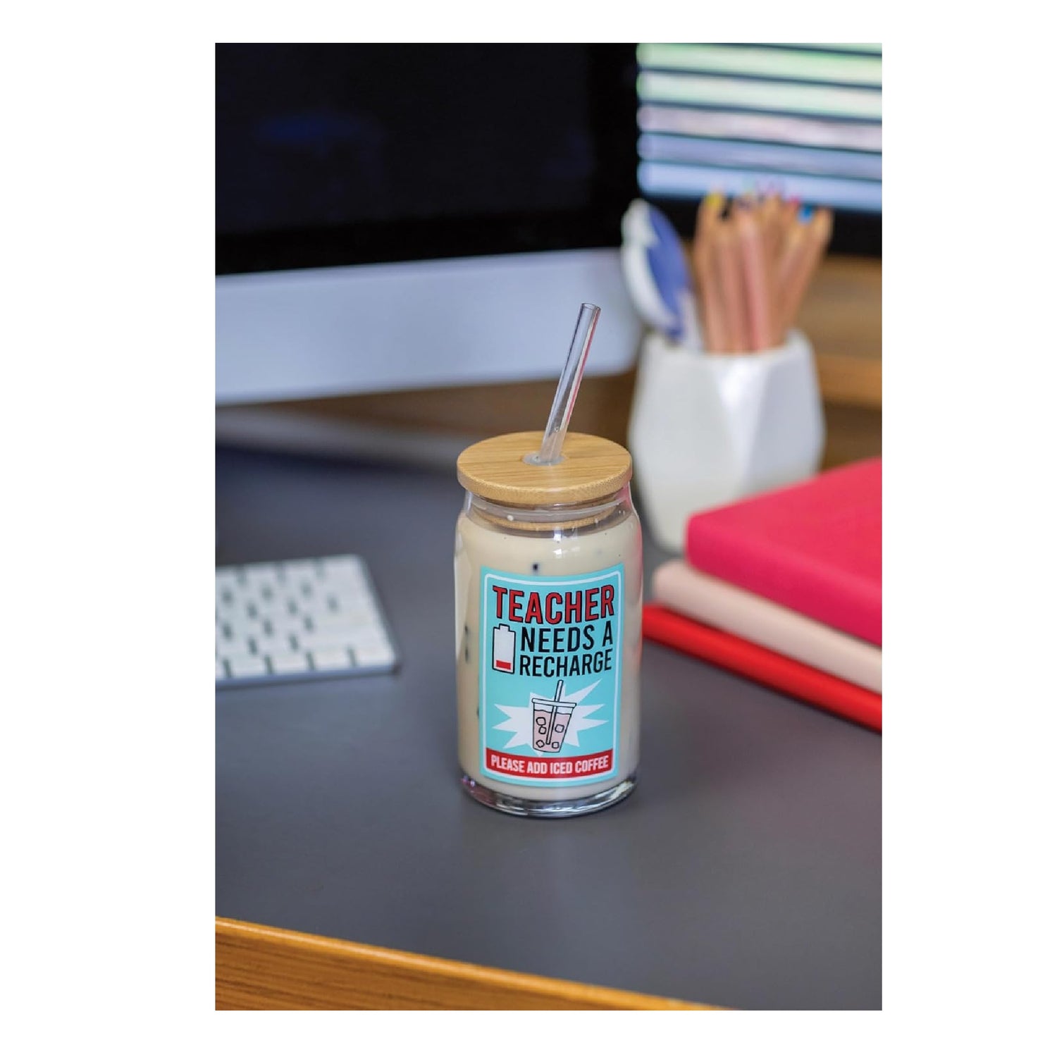 Enesco Our Name is Mud Teacher Needs a Recharge Iced Coffee Latte Glass, 16 Ounce