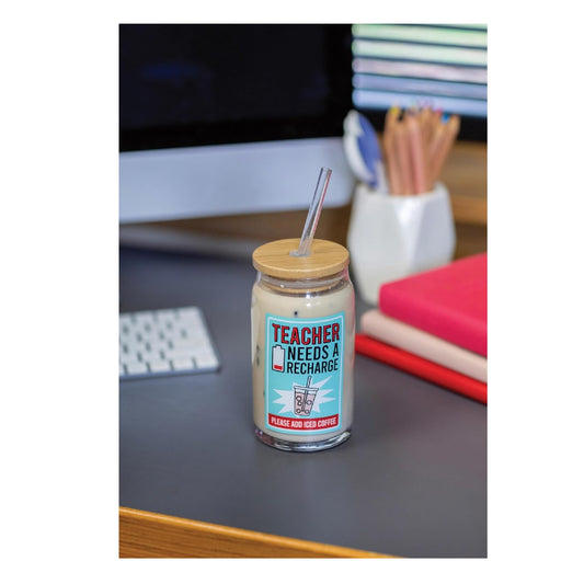 Enesco Our Name is Mud Teacher Needs a Recharge Iced Coffee Latte Glass, 16 Ounce