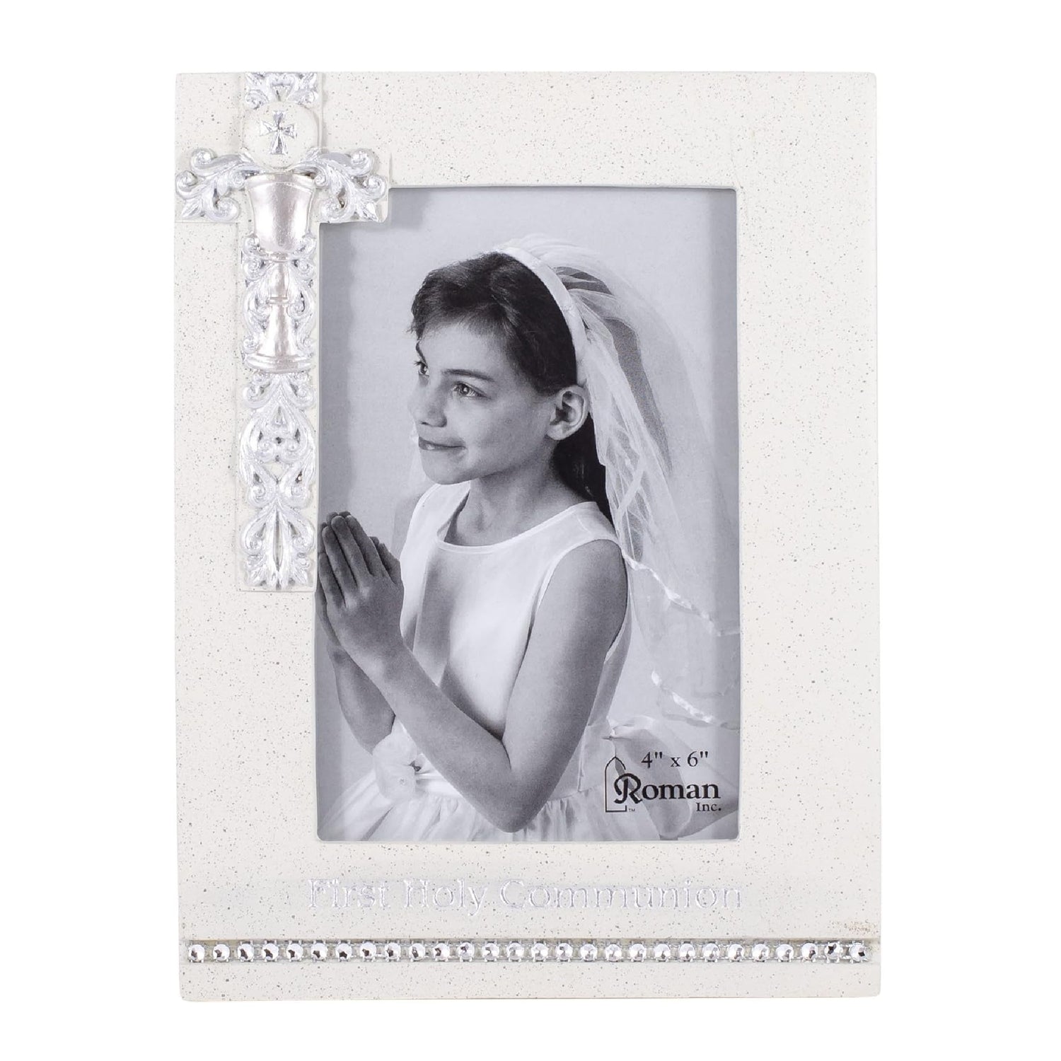 First Communion Photo Frame with Cross & Crystal Accents by Roman