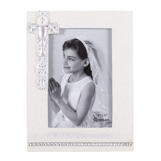 First Communion Photo Frame with Cross & Crystal Accents by Roman