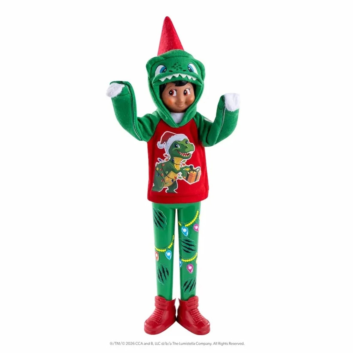 Toy figure in a green dinosaur costume with red hat and red shirt on a white background