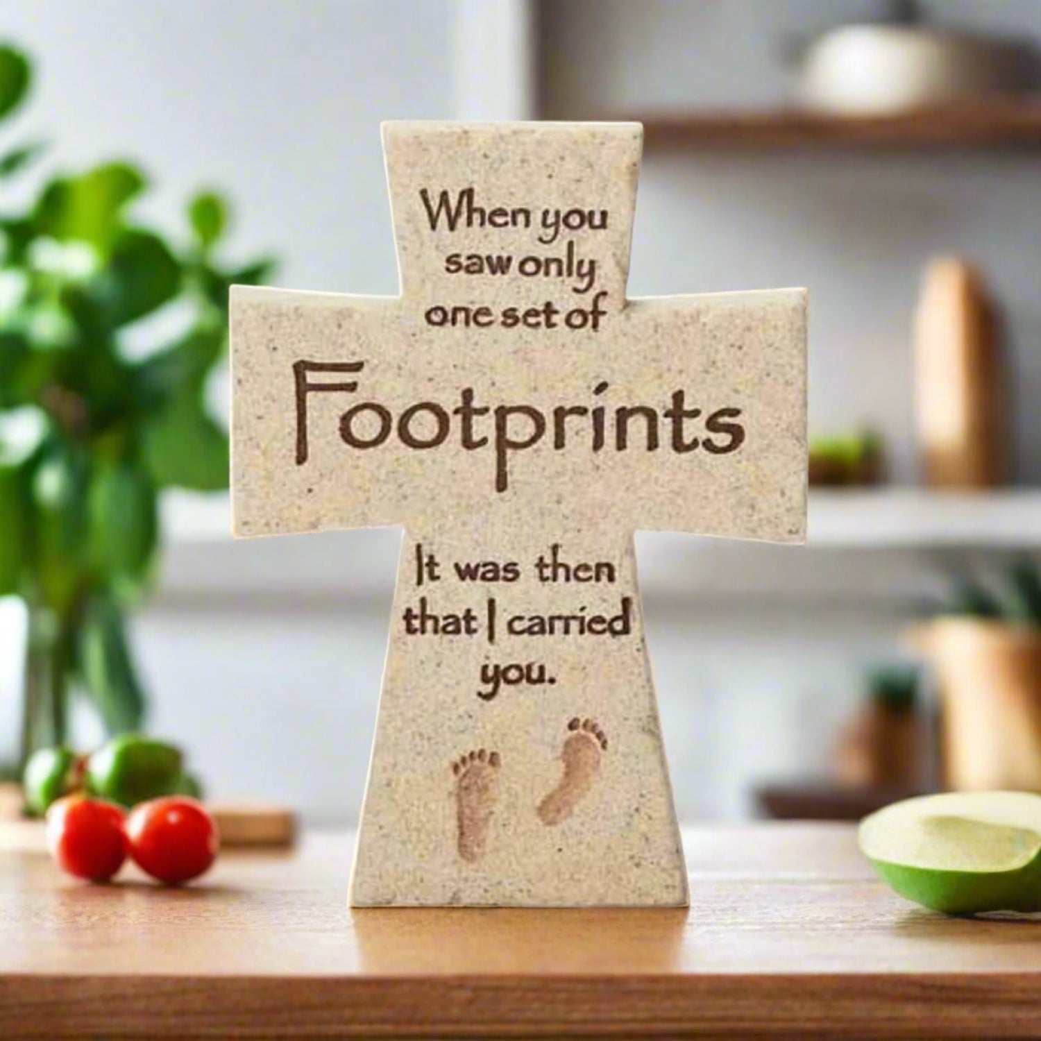Footprints I Carried You Sandstone Look 3 x 4 Inch Resin Stone Tabletop Cross Figurine