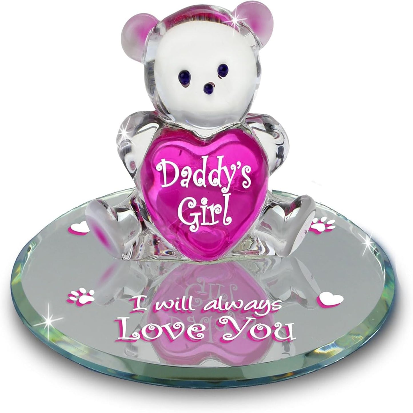 Glass Baron Daddy’s Girl Bear Glass Figurine, Hand Blown & Sculpted with Airbrushed Glass, Beveled Mirror Base