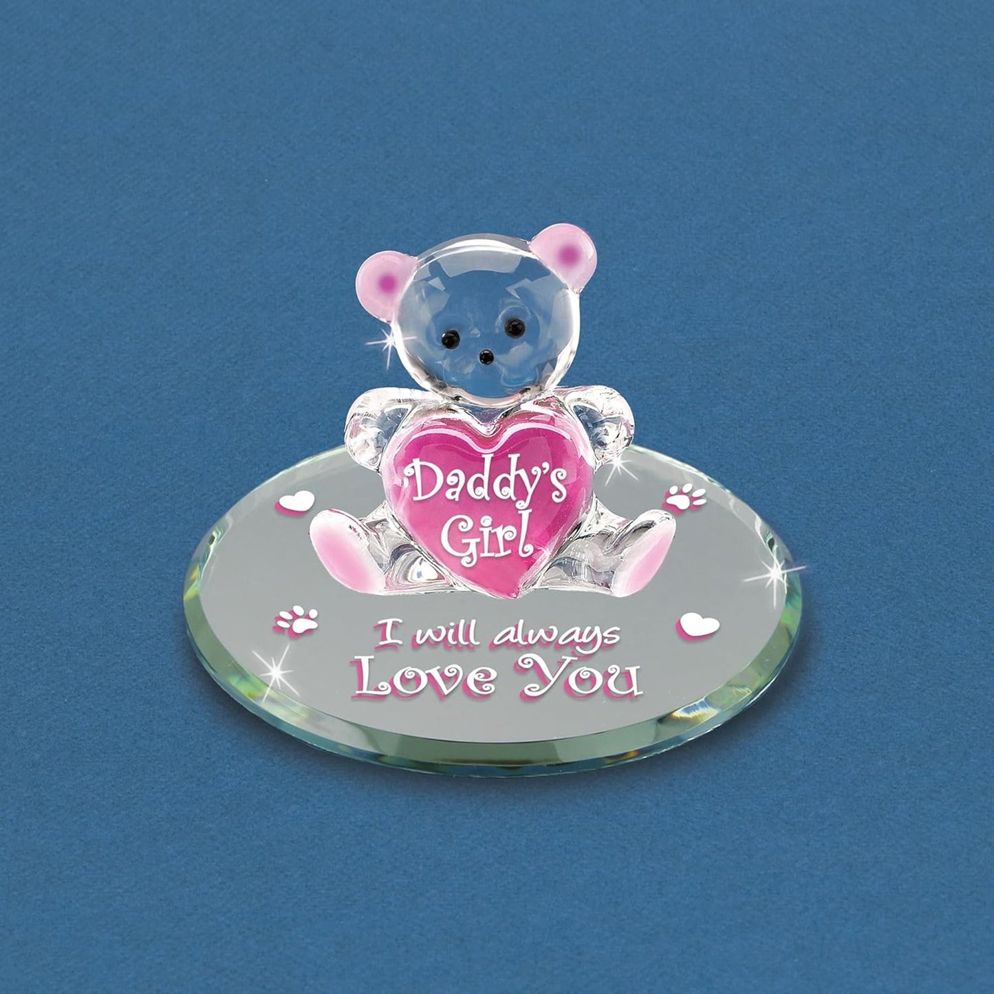 Glass Baron Daddy’s Girl Bear Glass Figurine, Hand Blown & Sculpted with Airbrushed Glass, Beveled Mirror Base