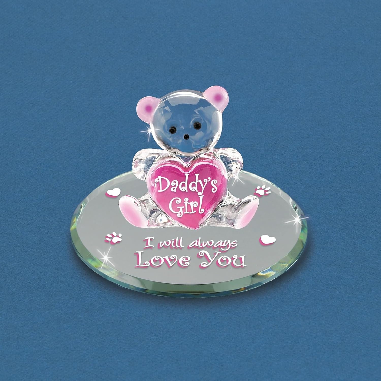 Glass Baron Daddy’s Girl Bear Glass Figurine, Hand Blown & Sculpted with Airbrushed Glass, Beveled Mirror Base