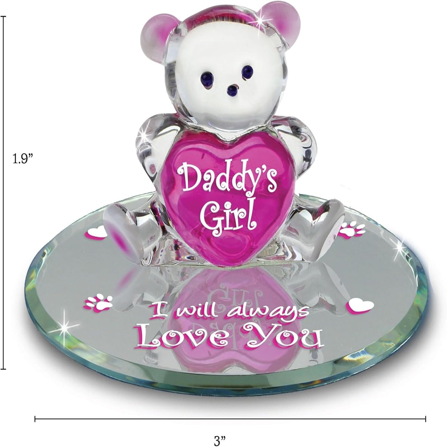 Glass Baron Daddy’s Girl Bear Glass Figurine, Hand Blown & Sculpted with Airbrushed Glass, Beveled Mirror Base