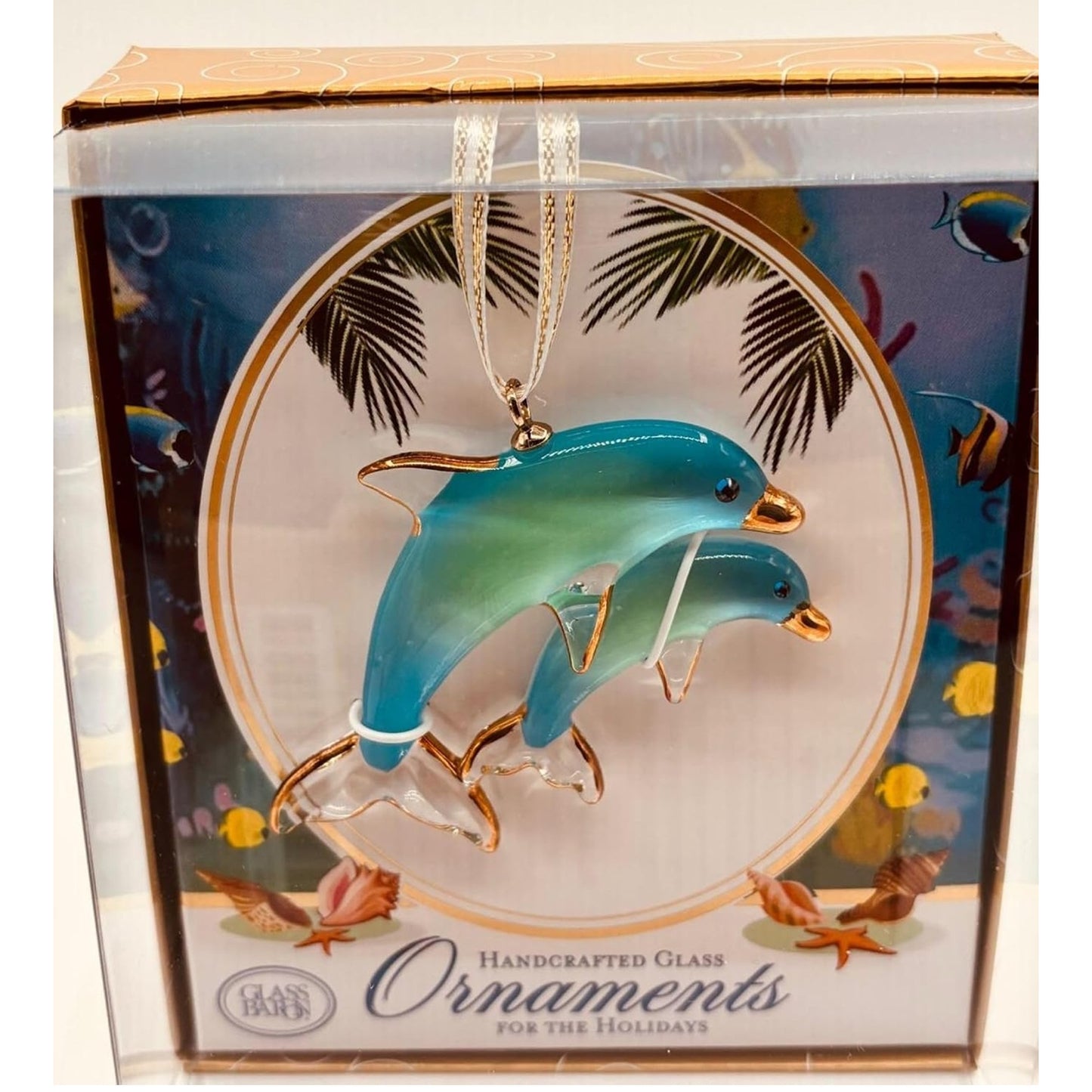 Glass Baron Double Dolphins Ornament, Coastal Ocean Decor with Crystals