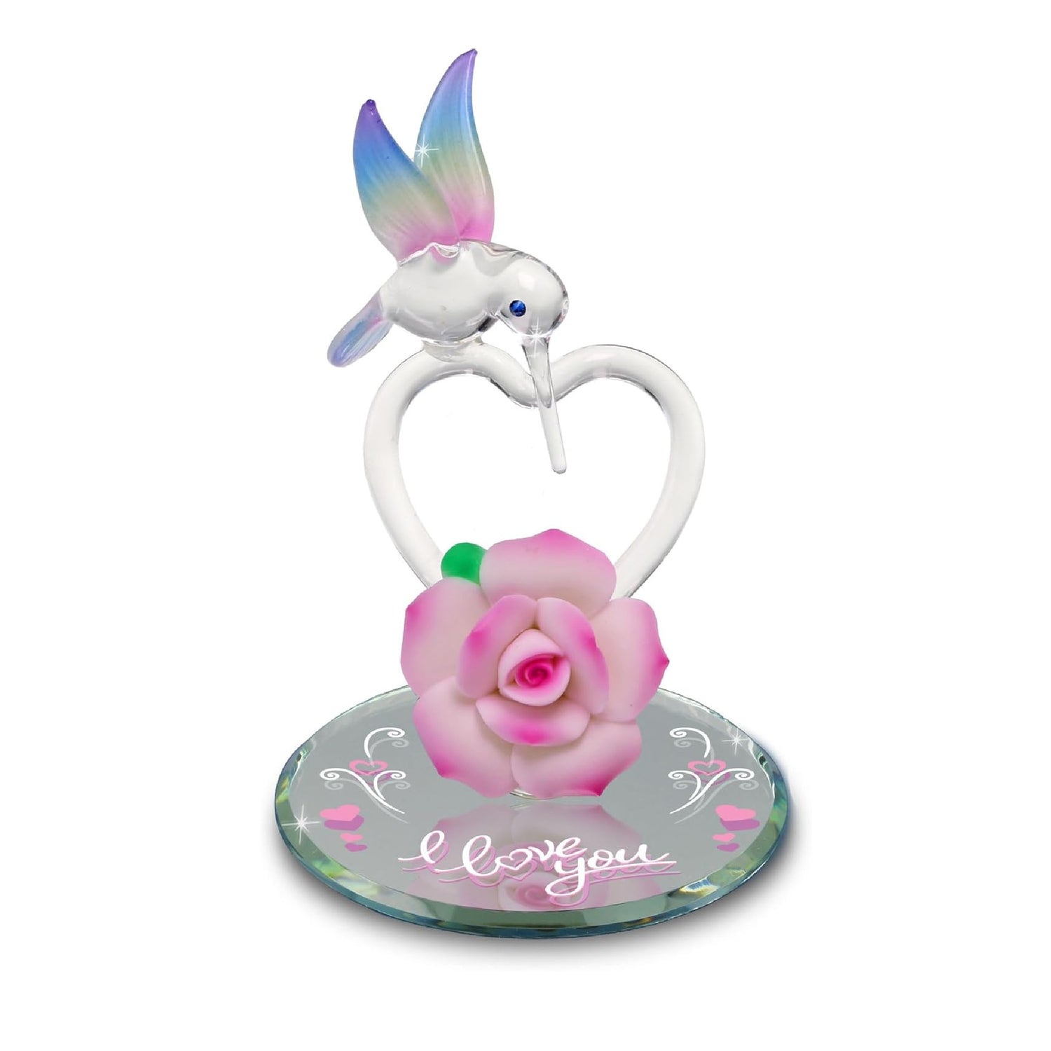 Glass Baron I Love You Hummingbird Glass Figurine, Hand Blown & Sculpted with Austrian Crystal Accents, Airbrushed Porcelain Flower, & Beveled Mirror Base