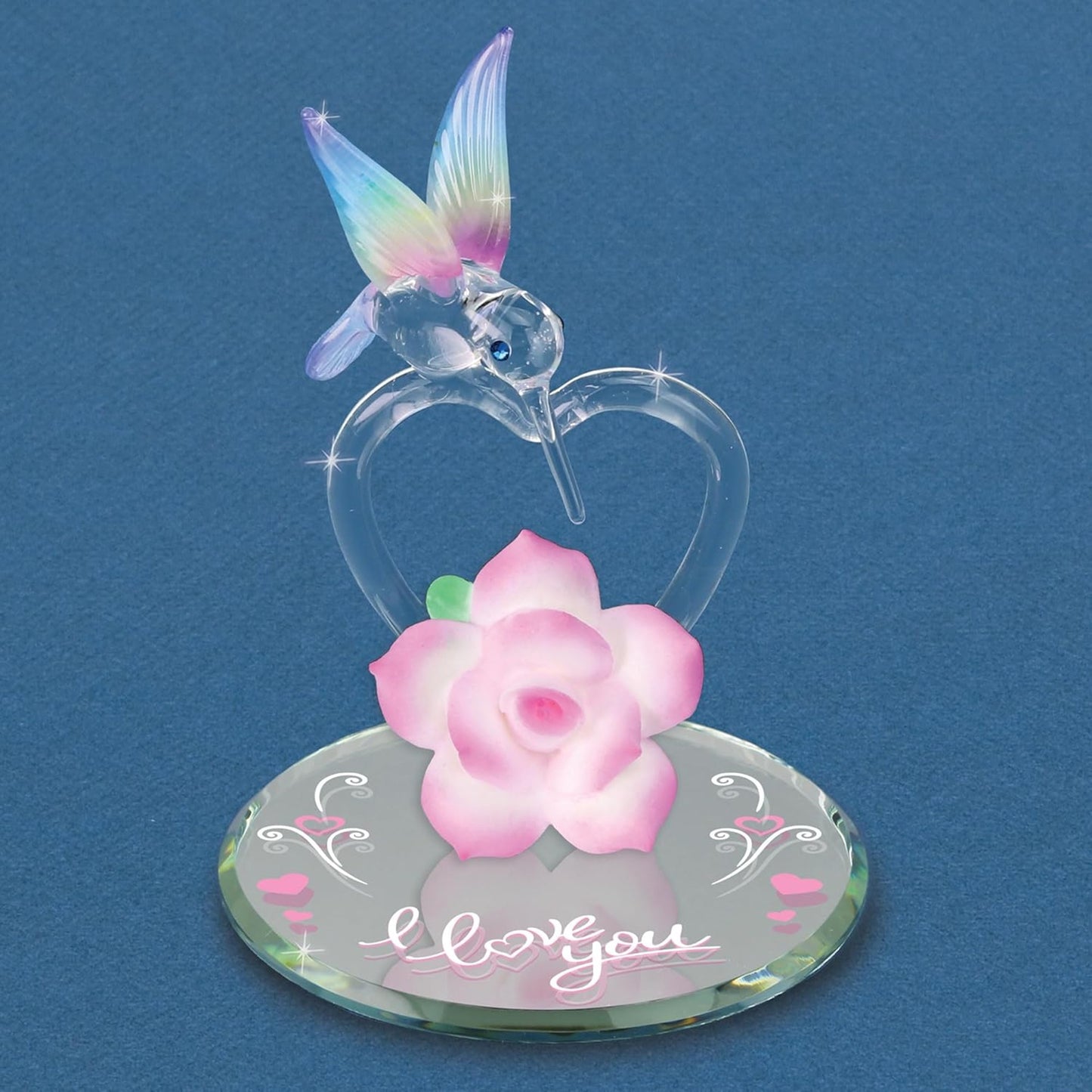 Glass Baron I Love You Hummingbird Glass Figurine, Hand Blown & Sculpted with Austrian Crystal Accents, Airbrushed Porcelain Flower, & Beveled Mirror Base