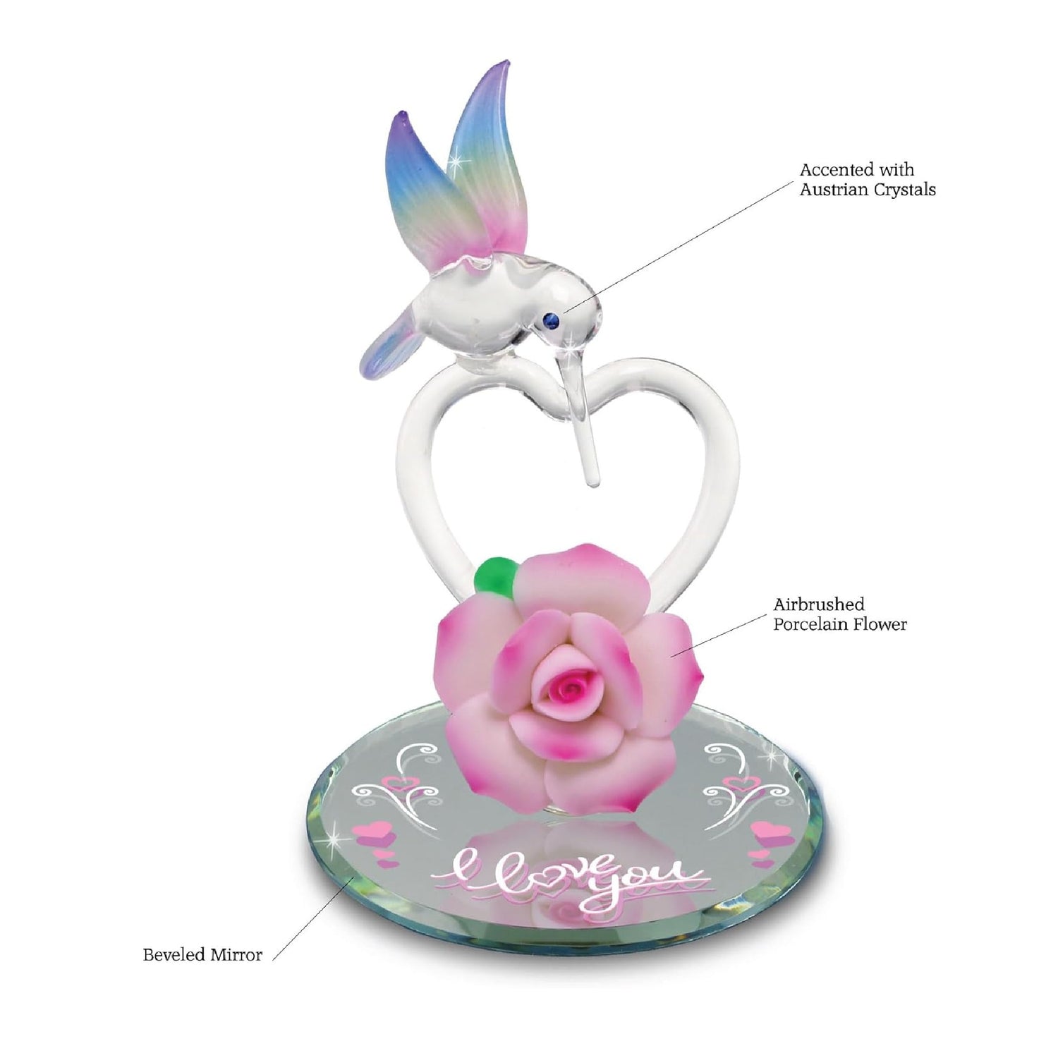 Glass Baron I Love You Hummingbird Glass Figurine, Hand Blown & Sculpted with Austrian Crystal Accents, Airbrushed Porcelain Flower, & Beveled Mirror Base