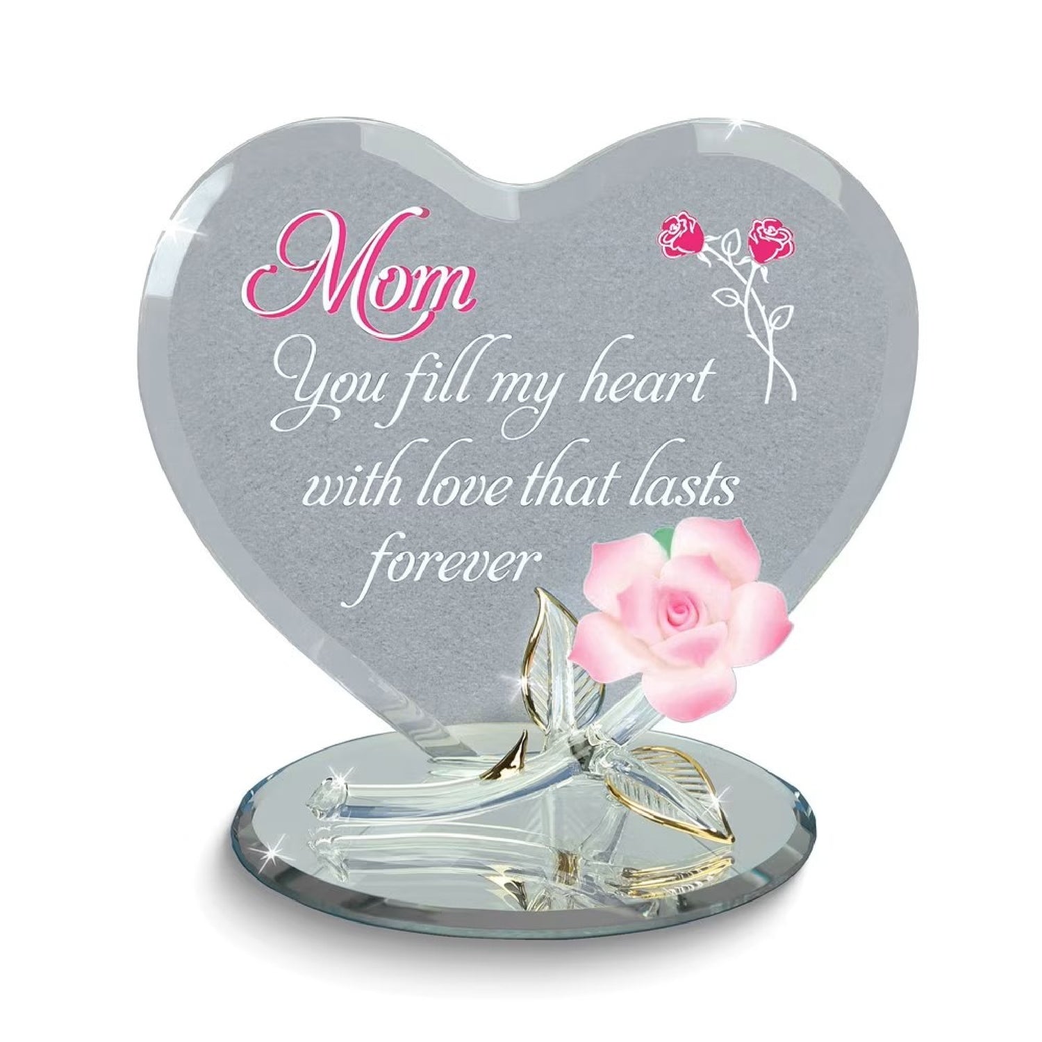 Glass Baron Mom You Fill My Heart Rose Figurine, Handcrafted Pink Rose