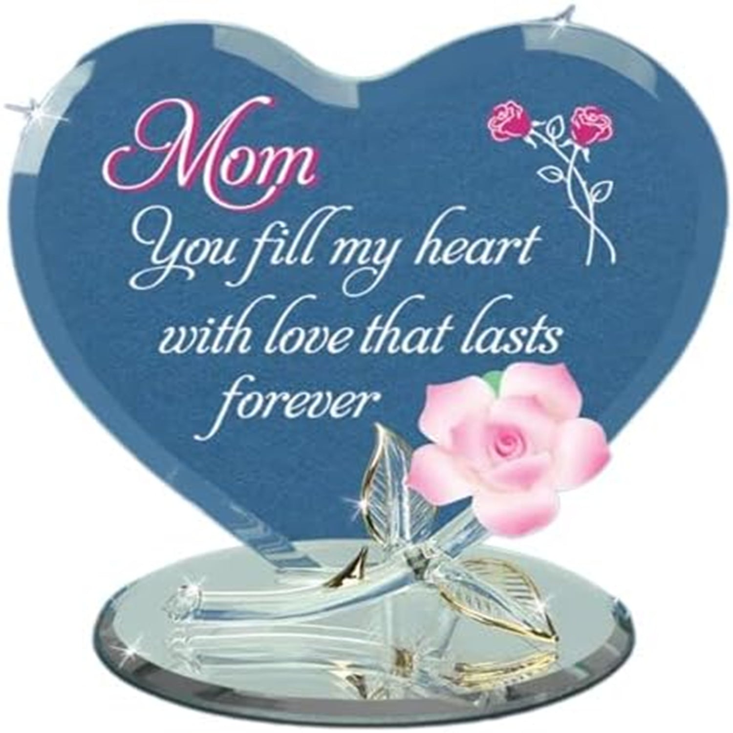 Glass Baron Mom You Fill My Heart Rose Figurine, Handcrafted Pink Rose