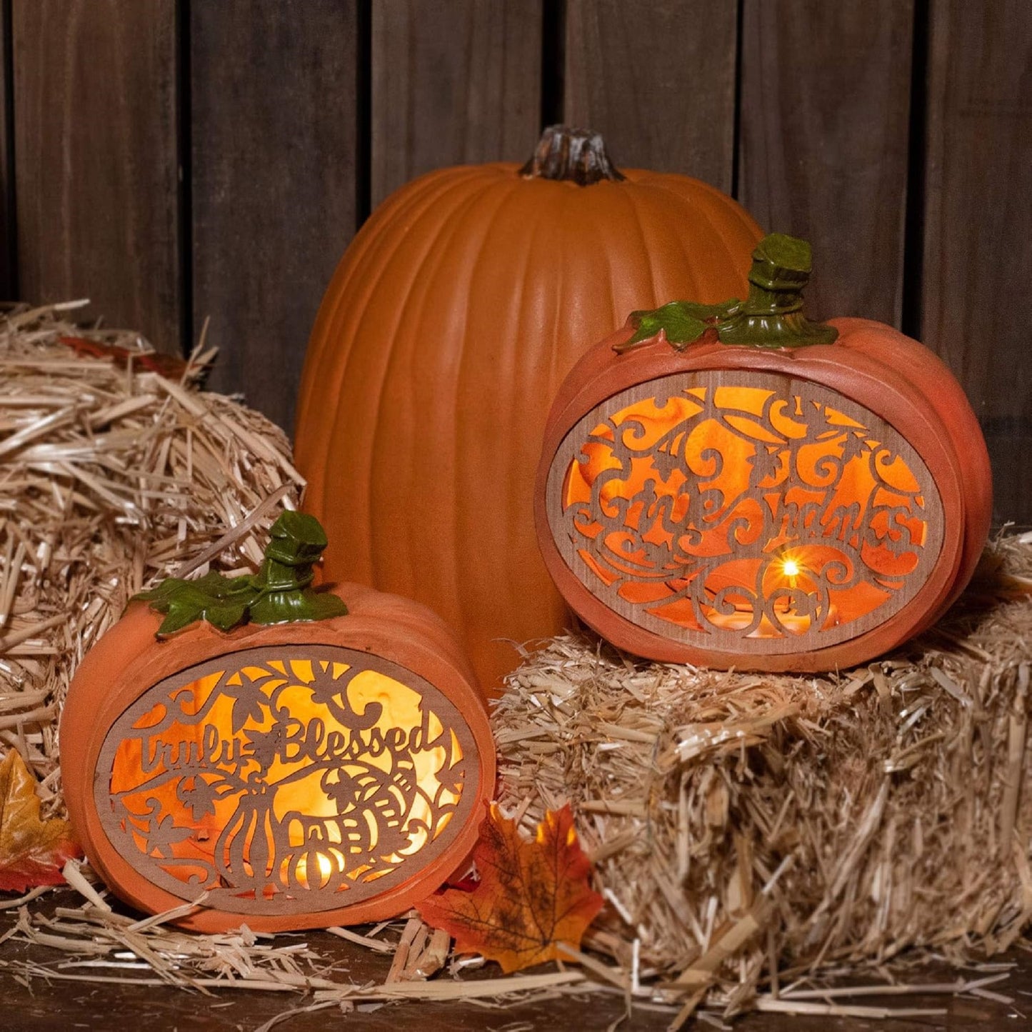 Harvest Orange Pumpkin Give Thanks LED 7.5 x 7.5 Resin Decorative Tabletop Figurine