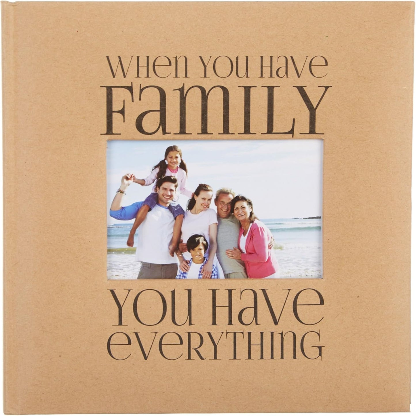 Brown photo album with family photo and text 'When you have family, you have everything' on a beige background.