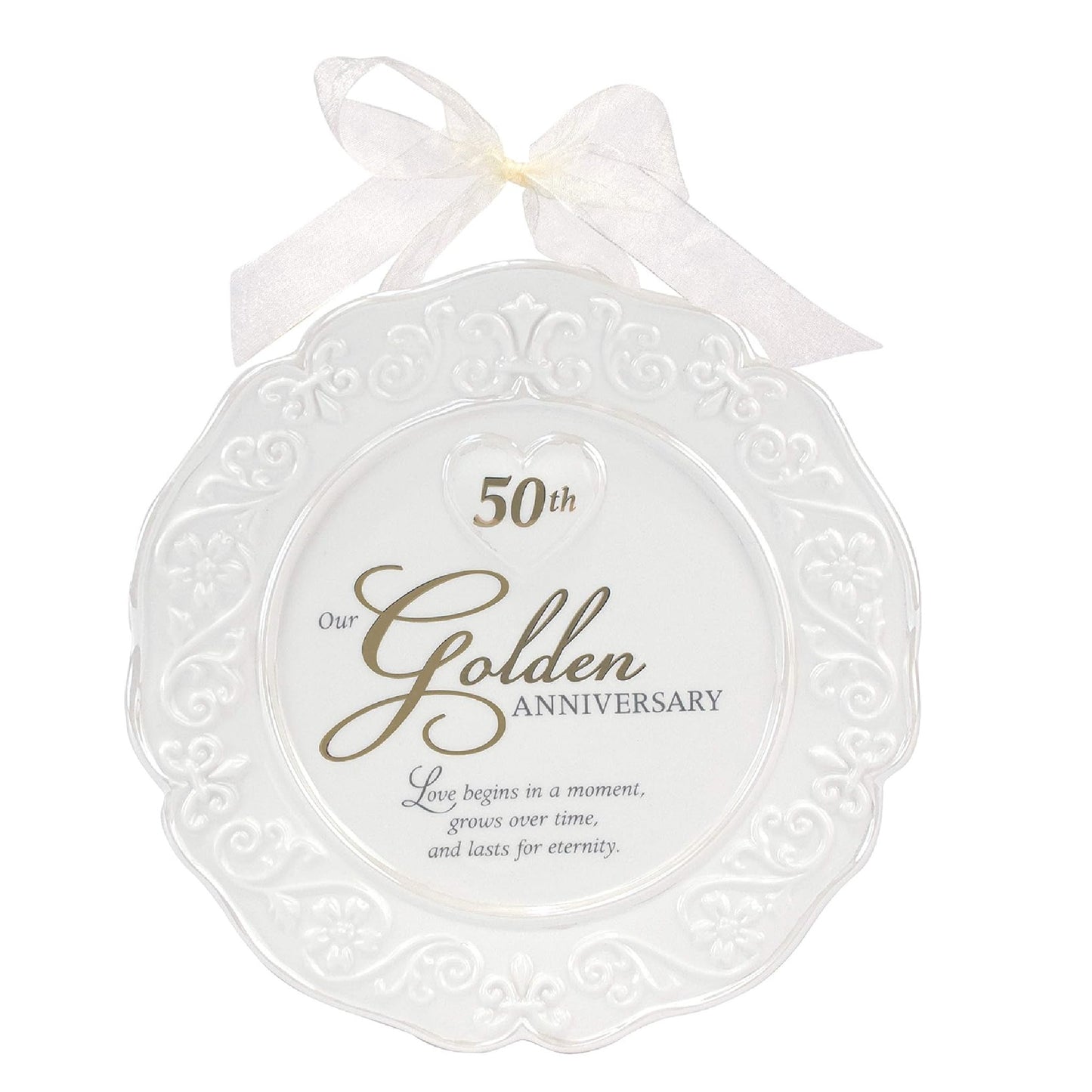 Malden International Designs Glazed Ceramic 50th Anniversary Plate With Gold Accents And Ribbon For Hanging, 9x9, White