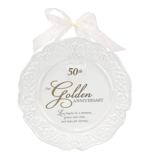 Malden International Designs Glazed Ceramic 50th Anniversary Plate With Gold Accents And Ribbon For Hanging, 9x9, White
