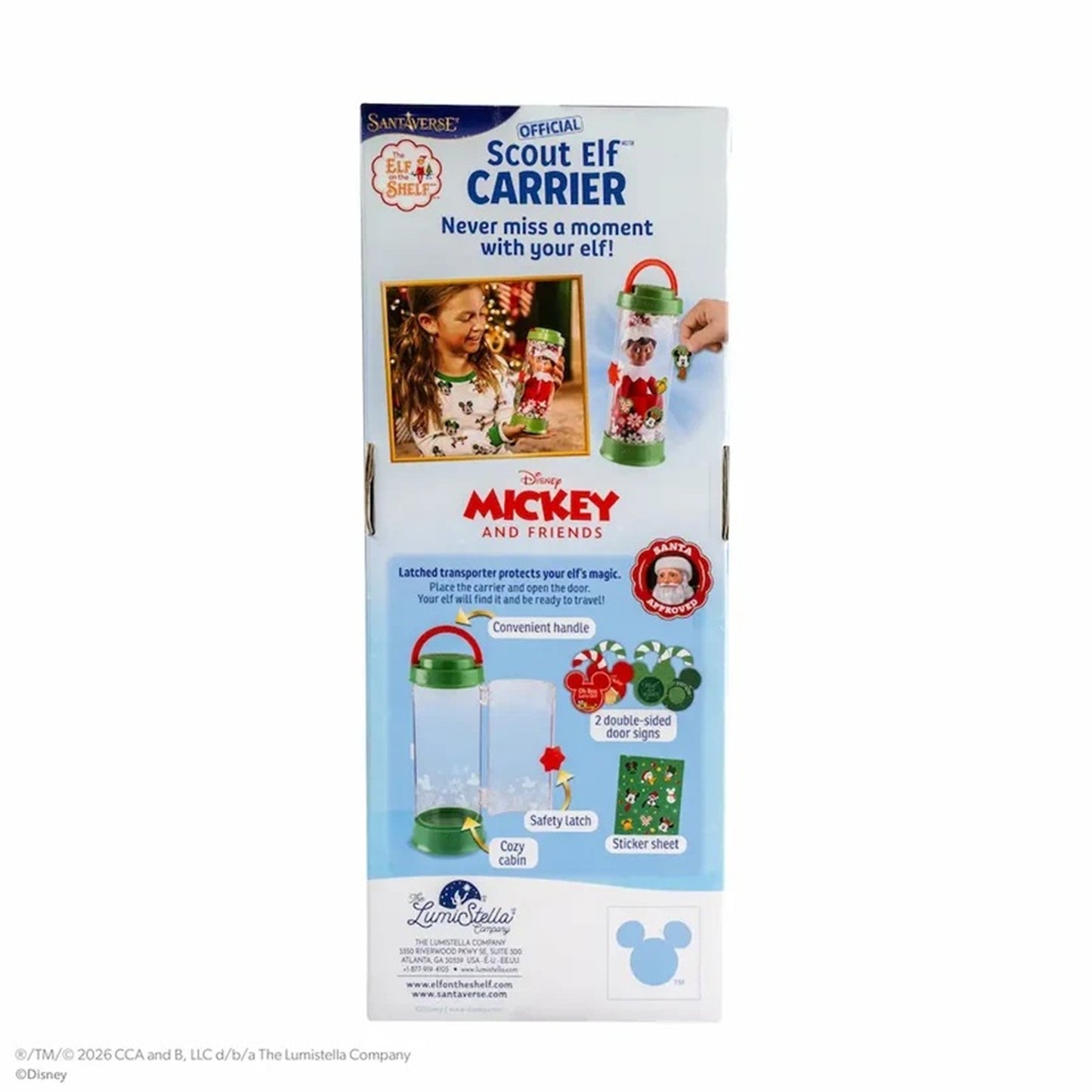 Disney Mickey and Friends Scout Elf Carrier toy packaging, featuring a latched transparent storage container with a red handle and green base, shown on a white background.