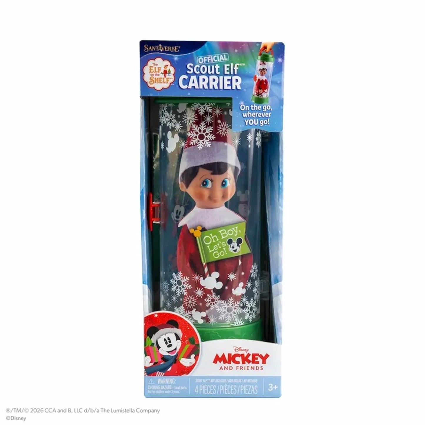 Disney Mickey and Friends Elf Scout Elf Carrier toy in its original retail packaging, featuring a Santa-style elf in a red coat and hat inside a snowflake-patterned carrier.