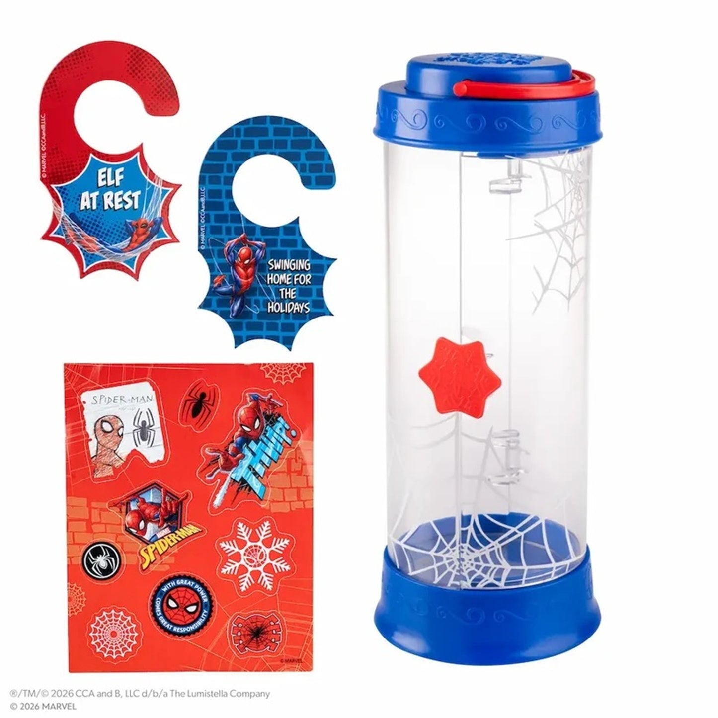 Marvel Spider-Man themed party decoration set including a clear cylindrical punch-hole container with blue lid and base, two decorative bibs, and a sheet of Spider-Man stickers on a white background.
