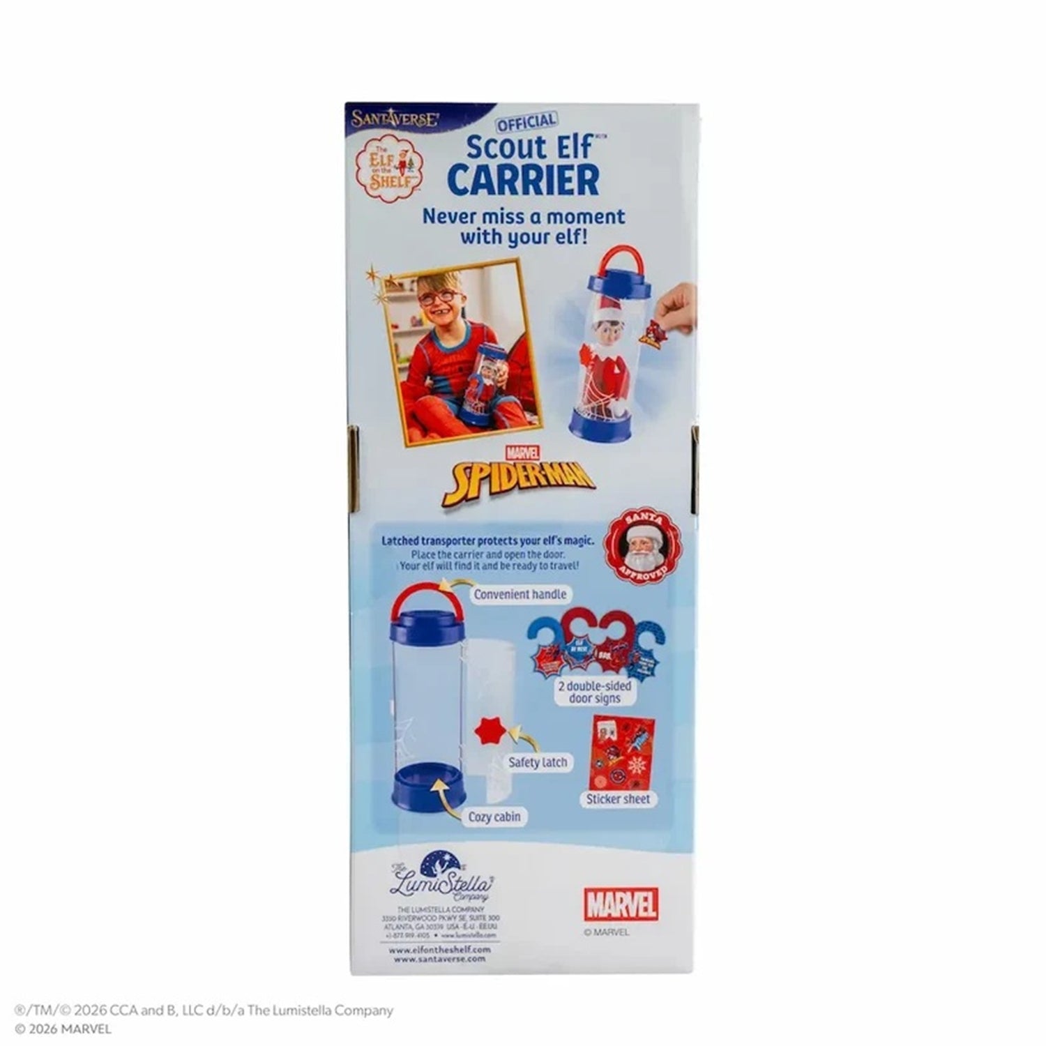 The retail packaging box for the Sam & Star Scout Elf Carrier, featuring Marvel and Spider-Man branding. The box displays product illustrations, feature callouts, and a child using the carrier.