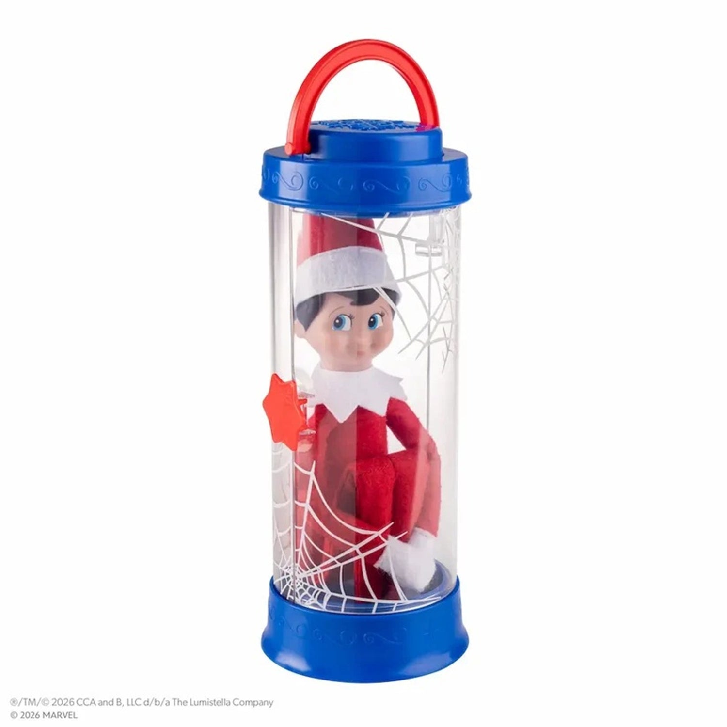 A Spider-Man themed 'Elf on a Shelf' toy inside a clear cylindrical plastic case with a blue lid and base, a red carrying handle, and spiderweb graphics. The toy features a red and white suit with a Santa hat.
