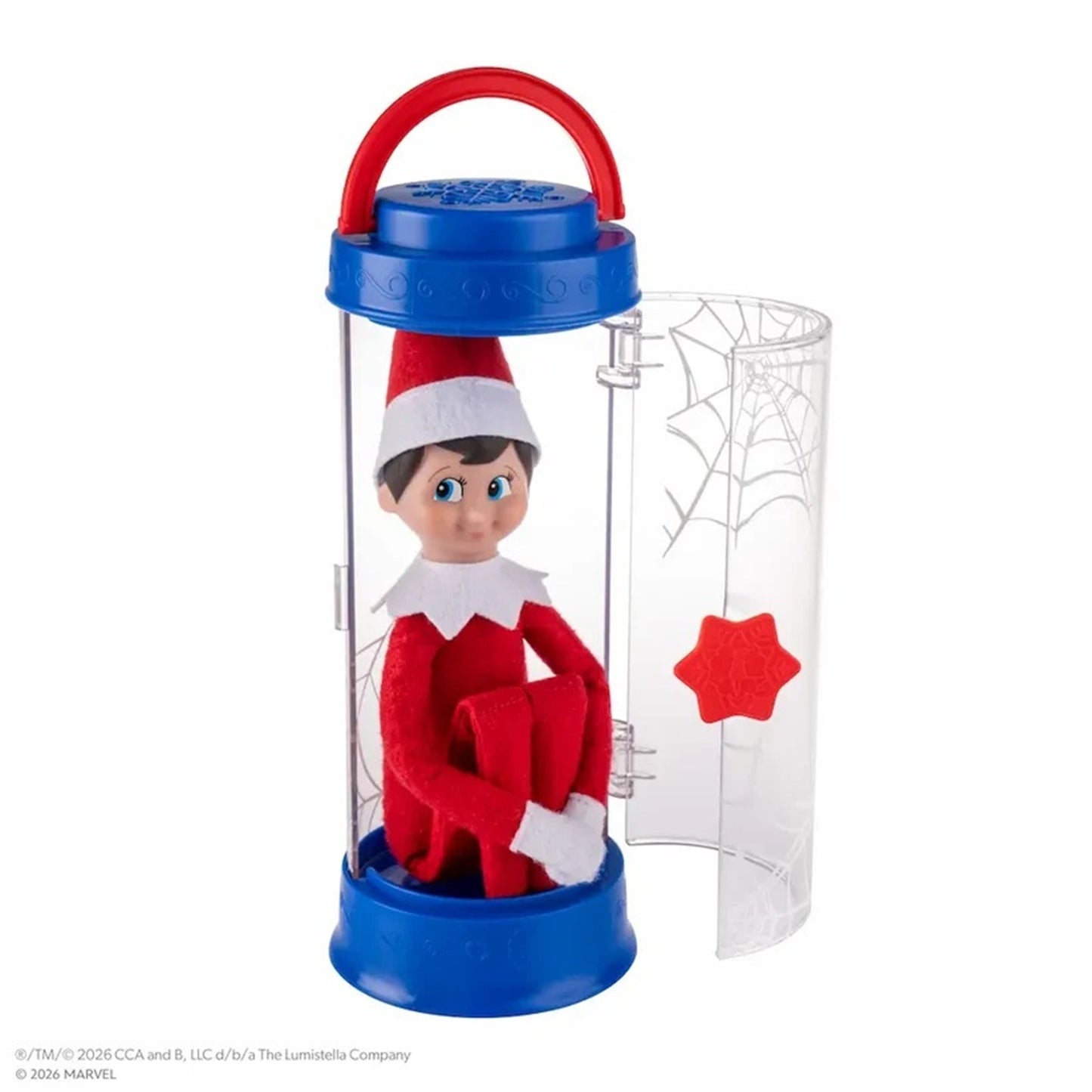 A Marvel Elf on the Shelf toy inside a blue and red cylindrical clear case with a spiderweb design and a red star accent, shown on a white background.