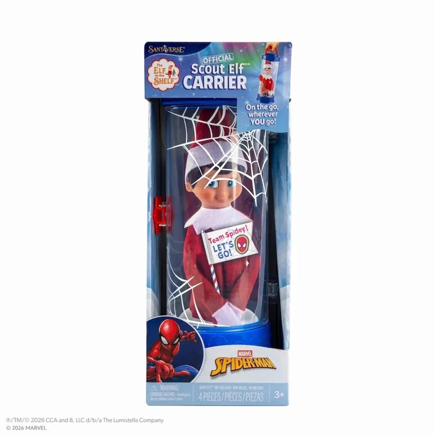 Marvel Spider-Verse 'Elf on the Shelf' Scout Elf Carrier toy in retail packaging, featuring a small elf figure in a red and white suit with a 'Team Spider-Verse! LET'S GO!' sign, inside a blue and white box with Spider-Man and Elf on the Shelf branding.