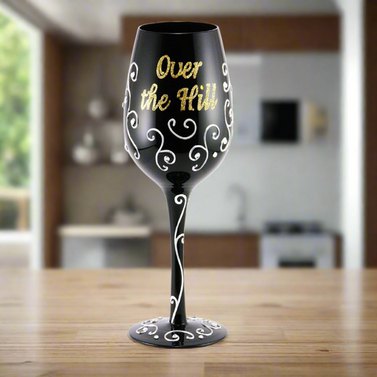 Over the Hill Handpainted Wine Glass