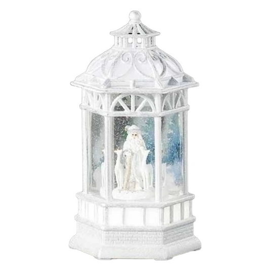 Roman 10.5" White and Blue LED Swirl Santa with Deer Christmas Tabletop Decor