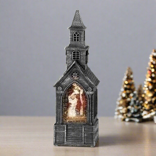 Roman 10.75" Gray Swirl Church with Holy Family LED Christmas Tabletop Decor