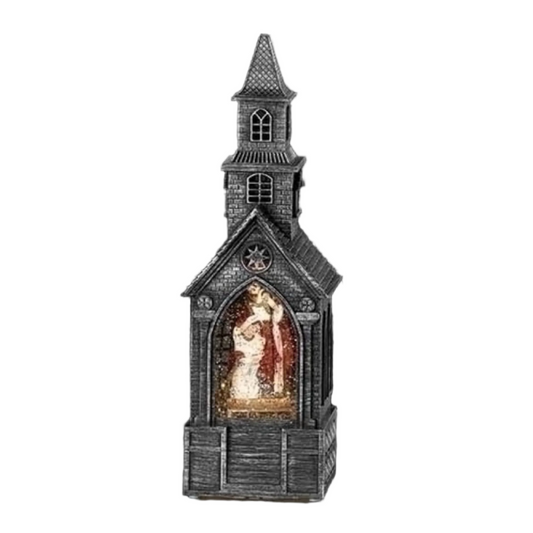 Roman 10.75" Gray Swirl Church with Holy Family LED Christmas Tabletop Decor