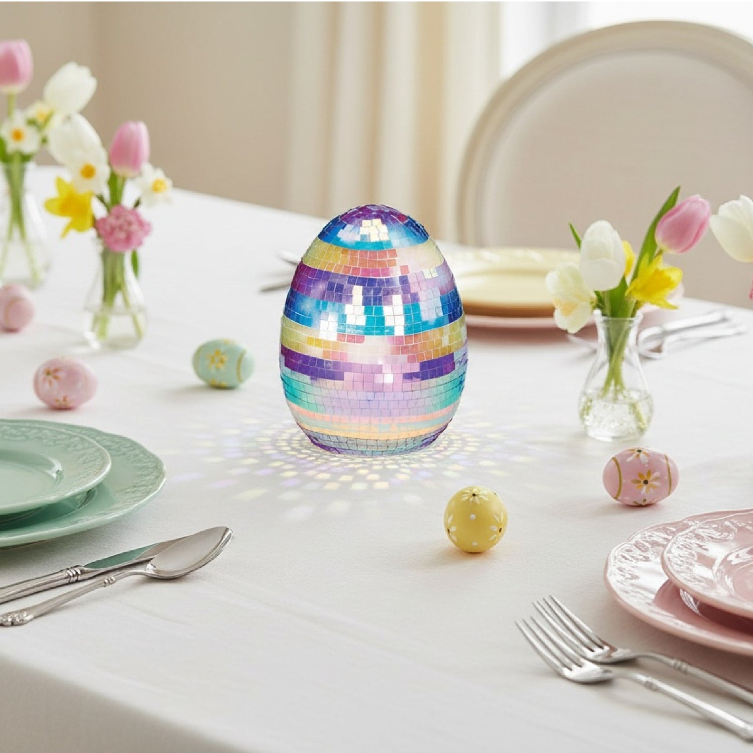 Roman, 5" Striped Mirror Ball Egg, Easter Disco Egg Table Decor, Multicolor Reflective Spring Accent