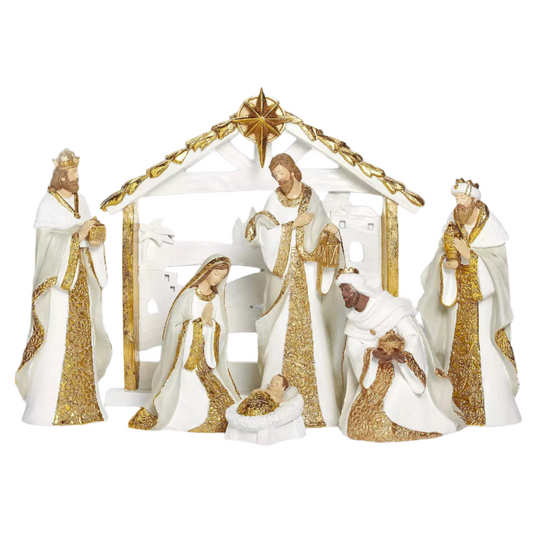Roman 7-Piece Nativity White And Gold Holiday Table Decor Set