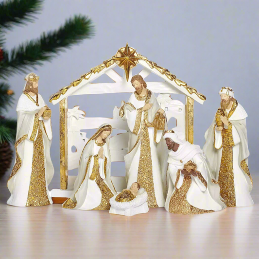 Roman 7-Piece Nativity White And Gold Holiday Table Decor Set