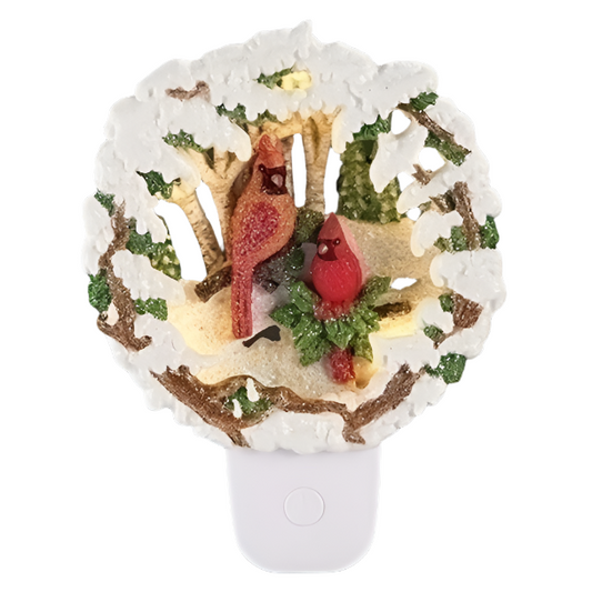 Roman 7" high Nightlight Cardinal Scene Framed In Snow Swivel Plug