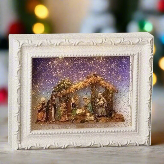 Roman 9.5" LED Nativity White Frame Swirl Dome by Roman