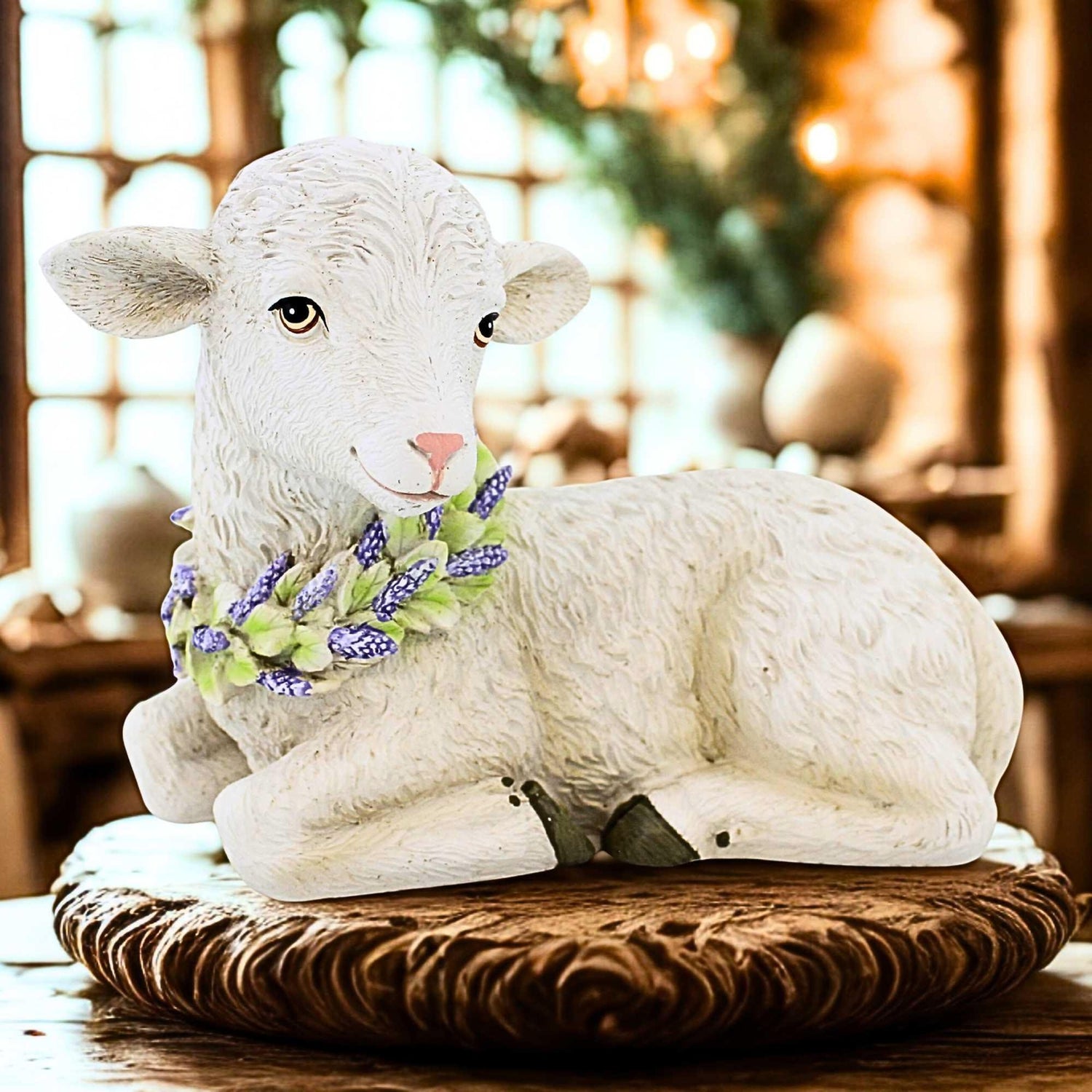 Roman Easter Seated Lamb with Floral Wreath