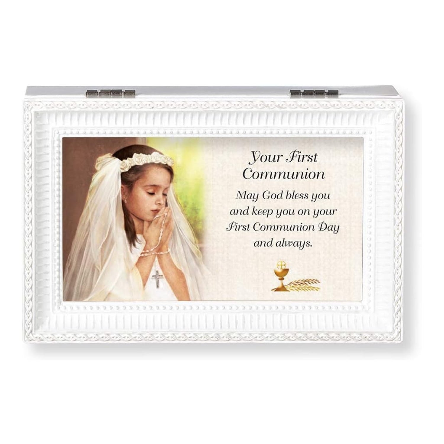 Roman First Communion Pearlized White Finish Music Box - Plays Amazing Grace