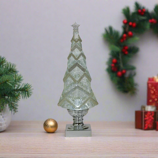 Roman Led Swirl Tree Silver White Glitter, 14 inch