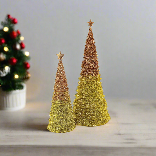 Roman Lighted Christmas Tree Gold Glitter Ombre, Set of 2, Holiday Decoration