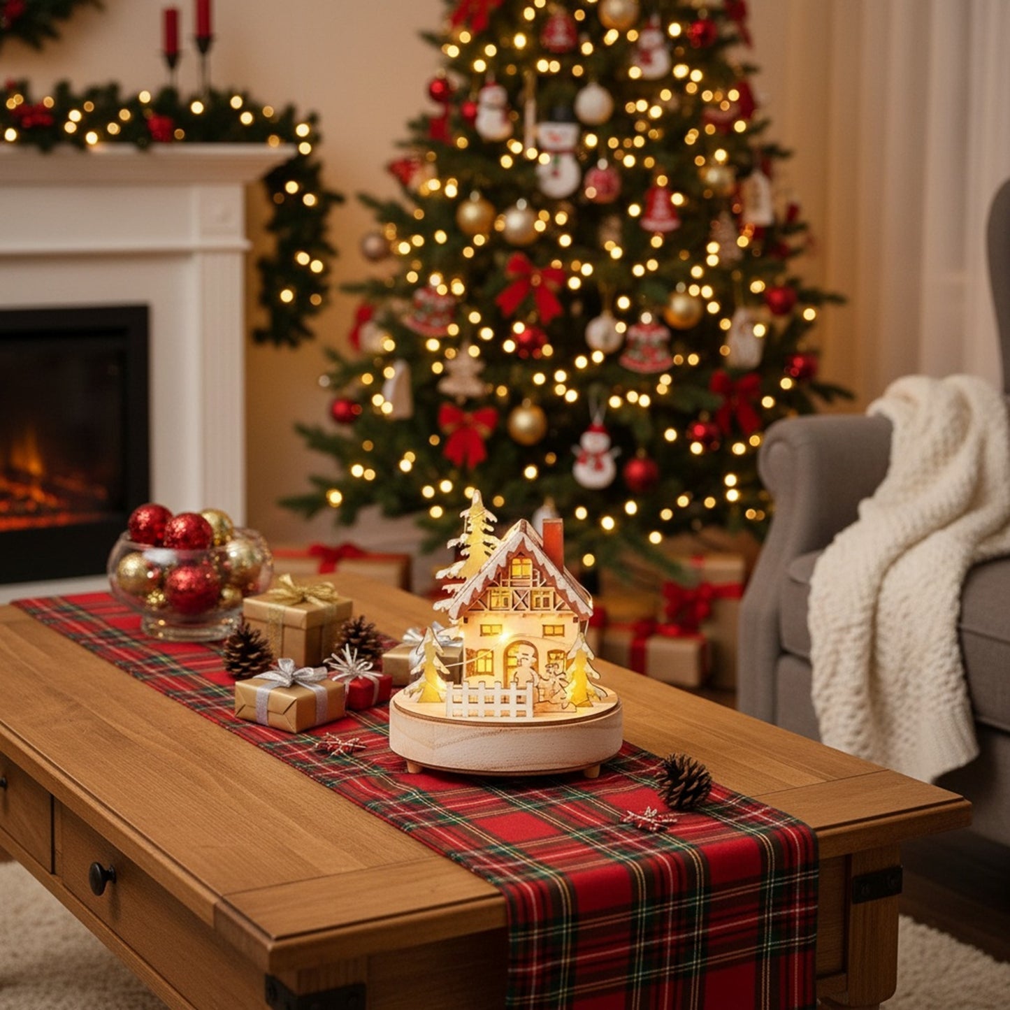 Roman Lighted Musical Wooden House with Snowman
