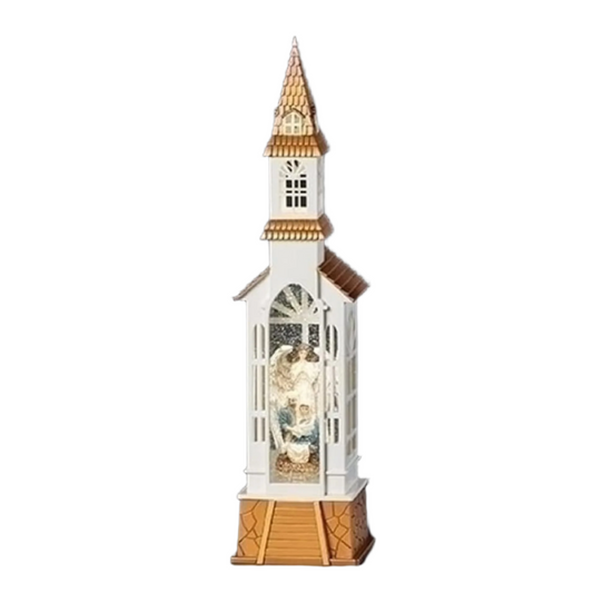 Roman Lighted Swirl Church with Holy Family Nativity Scene, 18-inch Height, Christmas Decoration